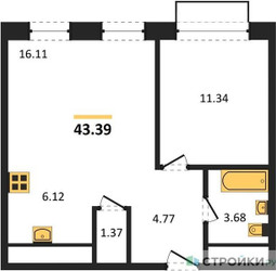 Планировка однокомнатной(квартира) площадью 43.39 квадратных метров в ЖК “ЖК Новоград Павлино”