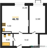 Планировка однокомнатной(квартира) площадью 46.7 квадратных метров в “ЖК Видный берег 2”