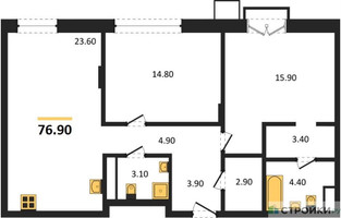 Планировка двухкомнатной(квартира) площадью 76.9 квадратных метров в “ЖК Резиденции Сколково”