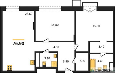 Планировка двухкомнатной(квартира) площадью 76.9 квадратных метров в ЖК “ЖК Резиденции Сколково”