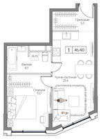 Планировка однокомнатной(квартира) площадью 46 квадратных метров в “ЖК Dream Riva (Дрим Рива)”
