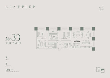 Планировка трехкомнатной(апартаменты) площадью 160.5 квадратных метров в ЖК “Комплекс особняков Камергер”