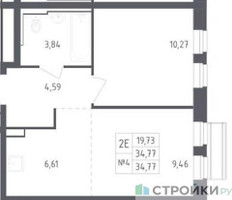 Планировка однокомнатной(квартира) площадью 34.77 квадратных метров в “ЖК Рублевский Квартал”