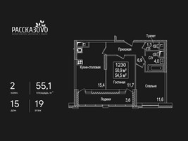 Планировка двухкомнатной(квартира) площадью 55.1 квадратных метров в “ЖК Рассказово”