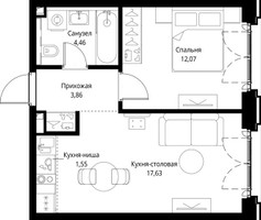 Планировка однокомнатной(квартира) площадью 39.57 квадратных метров в “ЖК Сити Бэй”