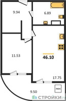 Планировка однокомнатной(квартира) площадью 46.1 квадратных метров в “ЖК Дом‐Мегалит в Королёве”