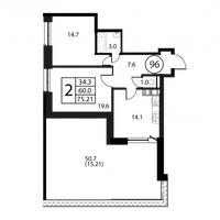 Планировка двухкомнатной(квартира) площадью 75.2 квадратных метров в “ЖК Космос”