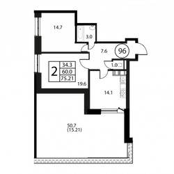 Планировка двухкомнатной(квартира) площадью 75.2 квадратных метров в ЖК “ЖК Космос”