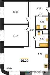 Планировка двухкомнатной(квартира) площадью 66.2 квадратных метров в ЖК “ЖК STONE Sokolniki (Сокольники)”