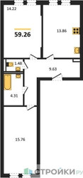 Планировка двухкомнатной(квартира) площадью 59.26 квадратных метров в ЖК “ЖК Остафьево”