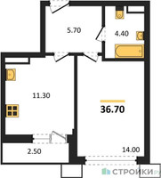 Планировка однокомнатной(квартира) площадью 36.7 квадратных метров в “ЖК Родные кварталы”