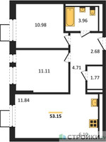 Планировка двухкомнатной(квартира) площадью 53.15 квадратных метров в “ЖК Горки Парк”