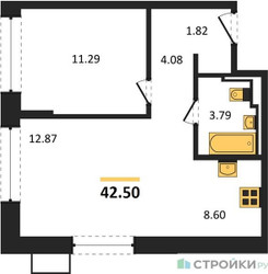 Планировка однокомнатной(квартира) площадью 42.5 квадратных метров в ЖК “ЖК Квартал Герцена”