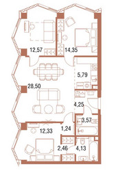 Планировка трехкомнатной(квартира) площадью 90 квадратных метров в ЖК “ЖК Симфония 34”