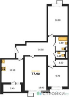 Планировка трехкомнатной(квартира) площадью 77.9 квадратных метров в “ЖК Первый Лермонтовский”