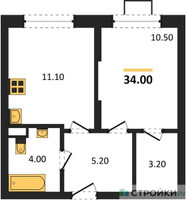 Планировка однокомнатной(квартира) площадью 34 квадратных метров в “ЖК Видный берег 2”