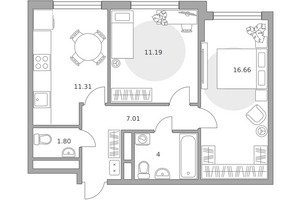 Планировка двухкомнатной(квартира) площадью 51.97 квадратных метров в “ЖК Притяжение Сити”