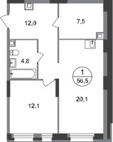 Планировка однокомнатной(квартира) площадью 56.5 квадратных метров в “ЖК Первый Московский”