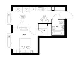 Планировка однокомнатной(квартира) площадью 34.8 квадратных метров в “ЖК Зеленый парк”