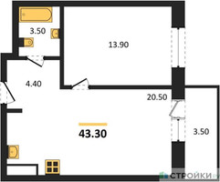 Планировка однокомнатной(квартира) площадью 43.3 квадратных метров в “ЖК Одинцовские кварталы”