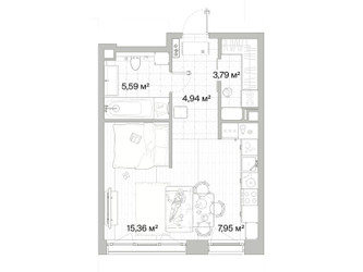 Планировка однокомнатной(квартира) площадью 37.63 квадратных метров в ЖК “Архитектурный проект Мыс”