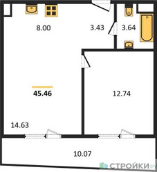 Планировка однокомнатной(квартира) площадью 45.6 квадратных метров в ЖК “Квартал Foriver”