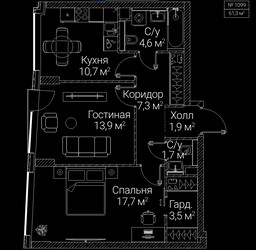 Планировка двухкомнатной(квартира) площадью 61.3 квадратных метров в ЖК “ЖК СЕЗАР БУДУЩЕЕ”
