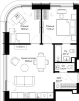 Планировка двухкомнатной(квартира) площадью 54.2 квадратных метров в “ЖК Сити Бэй”