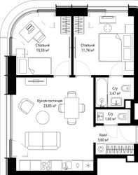 Планировка двухкомнатной(квартира) площадью 54.2 квадратных метров в ЖК “ЖК Сити Бэй”