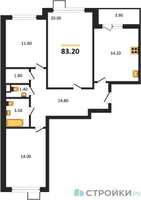 Планировка трехкомнатной(квартира) площадью 83.2 квадратных метров в “ЖК 1-й Южный (Первый Южный)”