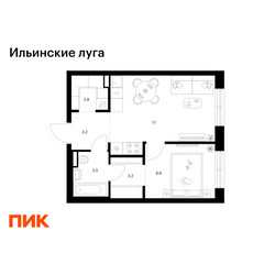 Планировка однокомнатной(квартира) площадью 38.5 квадратных метров в ЖК “ЖК Ильинские луга”