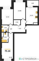 Планировка трехкомнатной(квартира) площадью 75.14 квадратных метров в “ЖК Sezar City (Сезар Сити)”