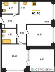 Планировка двухкомнатной(квартира) площадью 61.4 квадратных метров в ЖК “ЖК Мангазея в Богородском”