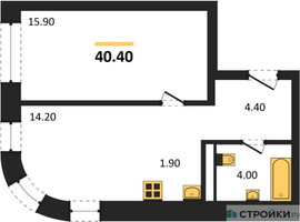 Планировка однокомнатной(квартира) площадью 40.4 квадратных метров в “ЖК Шагал”
