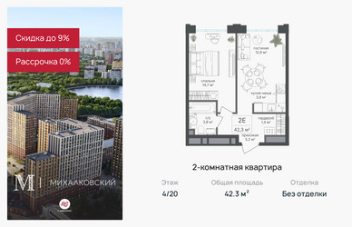 Планировка двухкомнатной(квартира) площадью 42.3 квадратных метров в ЖК “ЖК Михалковский”