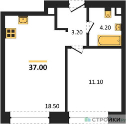Планировка однокомнатной(квартира) площадью 37 квадратных метров в ЖК “ЖК Wave (Вейв)”