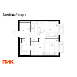 Планировка однокомнатной(квартира) площадью 34 квадратных метров в ЖК “ЖК Зеленый парк”