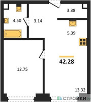 Планировка однокомнатной(квартира) площадью 42.28 квадратных метров в “ЖК TATE (Тэйт)”