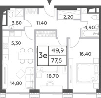 Планировка трехкомнатной(квартира) площадью 77.5 квадратных метров в “ЖК Will Towers (Вилл Тауэрс)”