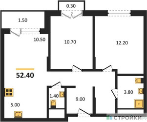Планировка двухкомнатной(квартира) площадью 52.4 квадратных метров в ЖК “ЖК Равновесие”