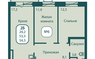 Планировка двухкомнатной(квартира) площадью 54.3 квадратных метров в ЖК “ЖК Андреевка Life (Андреевка Лайф)”