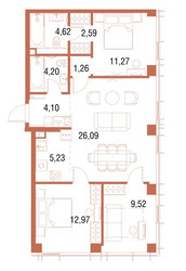 Планировка трехкомнатной(квартира) площадью 83.8 квадратных метров в ЖК “ЖК Symphony 34 (Симфония 34)”