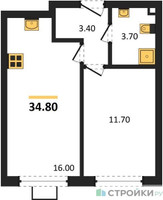 Планировка однокомнатной(квартира) площадью 34.8 квадратных метров в “ЖК Лучи-2”