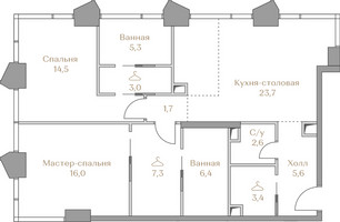 Планировка двухкомнатной(квартира) площадью 89.5 квадратных метров в “ЖК Коллекция Лужники”