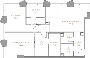 Планировка двухкомнатной(квартира) площадью 89.5 квадратных метров в ЖК “ЖК Коллекция Лужники”