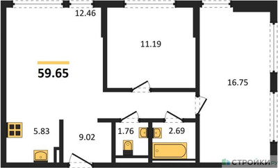 Планировка двухкомнатной(квартира) площадью 59.65 квадратных метров в ЖК “ЖК Остафьево”