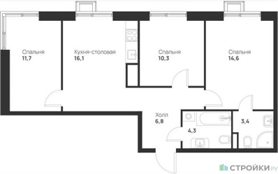 Планировка трехкомнатной(квартира) площадью 67.2 квадратных метров в ЖК “ЖК Foreville (Форевилль)”