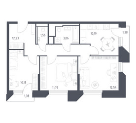Планировка трехкомнатной(апартаменты) площадью 65.12 квадратных метров в ЖК “ЖК Скай Спутник”