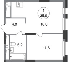 Планировка однокомнатной(квартира) площадью 39 квадратных метров в “ЖК Первый Московский”