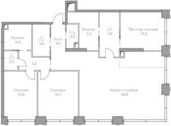 Планировка трехкомнатной(квартира) площадью 136.4 квадратных метров в ЖК “ЖК Коллекция Лужники”